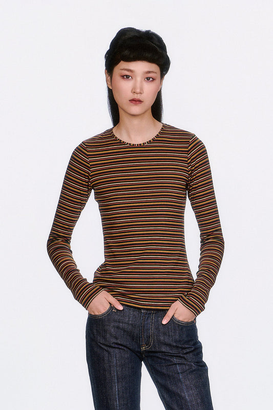 Venetian horizontal Stripe Long Sleeve Top, featuring multicolored caramel and a classic silhouette. 