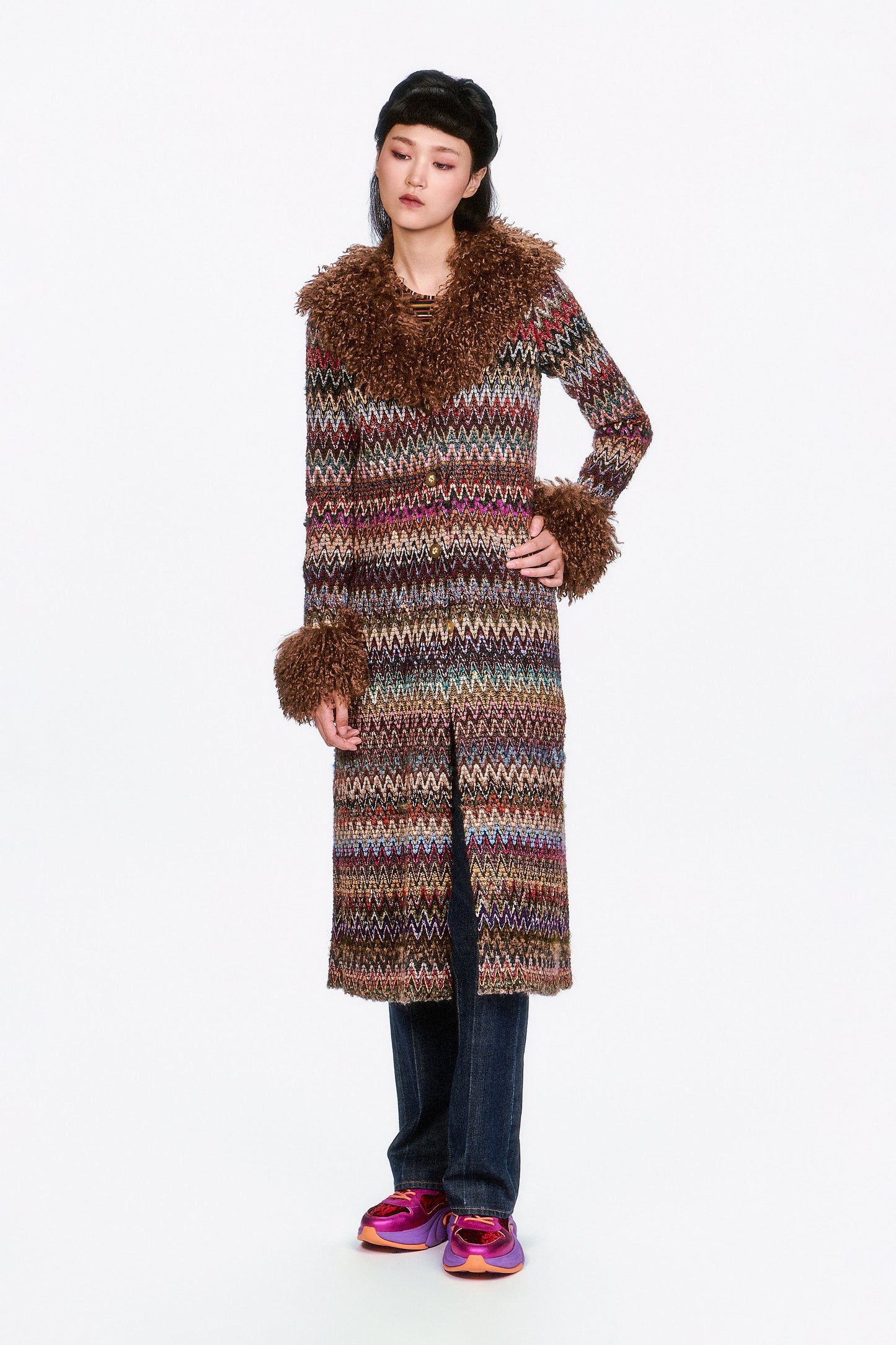 Bargello Multi Faux Fur Trim Coat