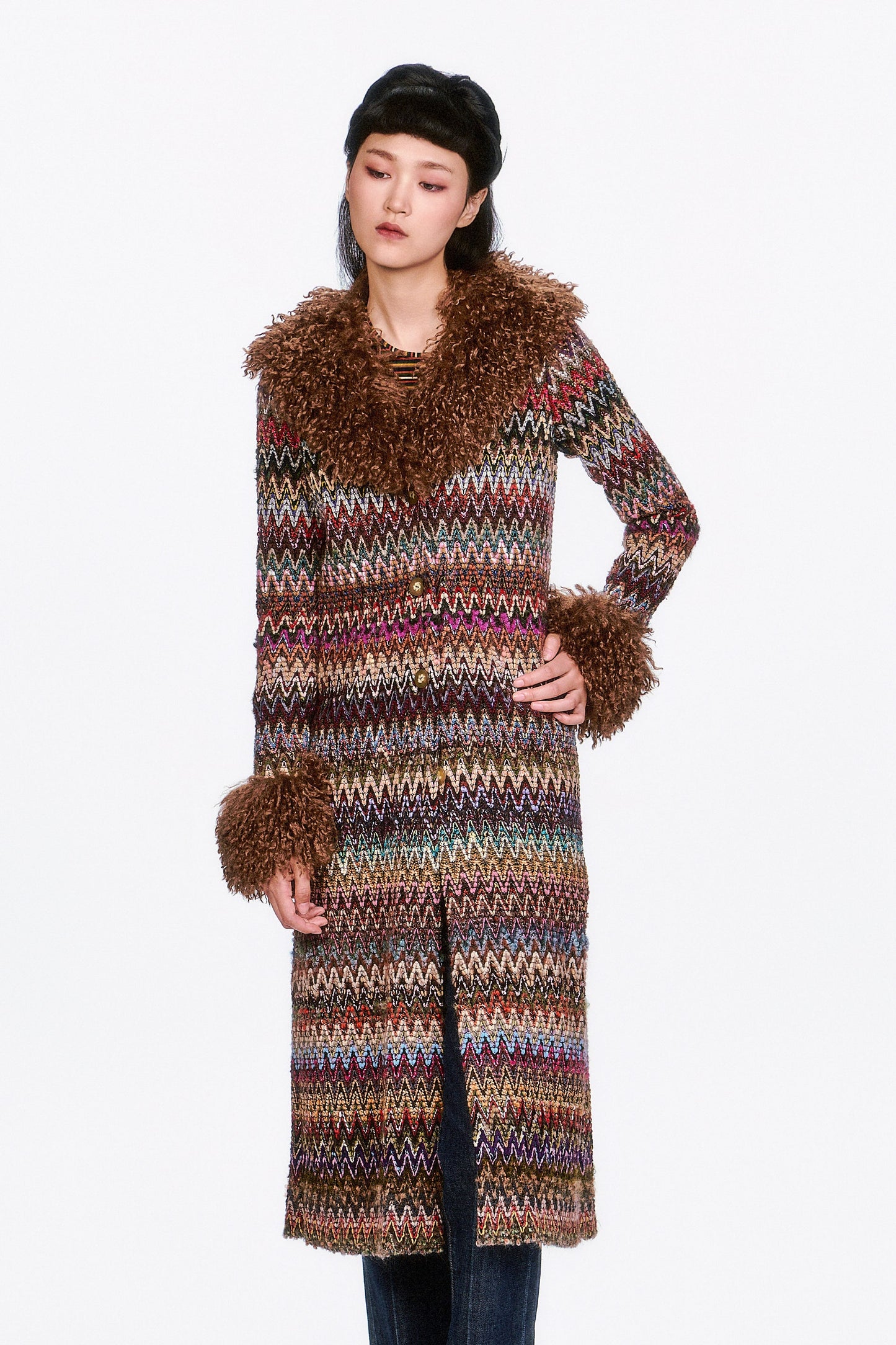 Bargello Multi Faux Fur Trim Coat