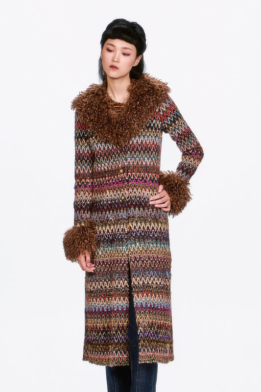 Bargello Multi Faux Fur Trim Coat