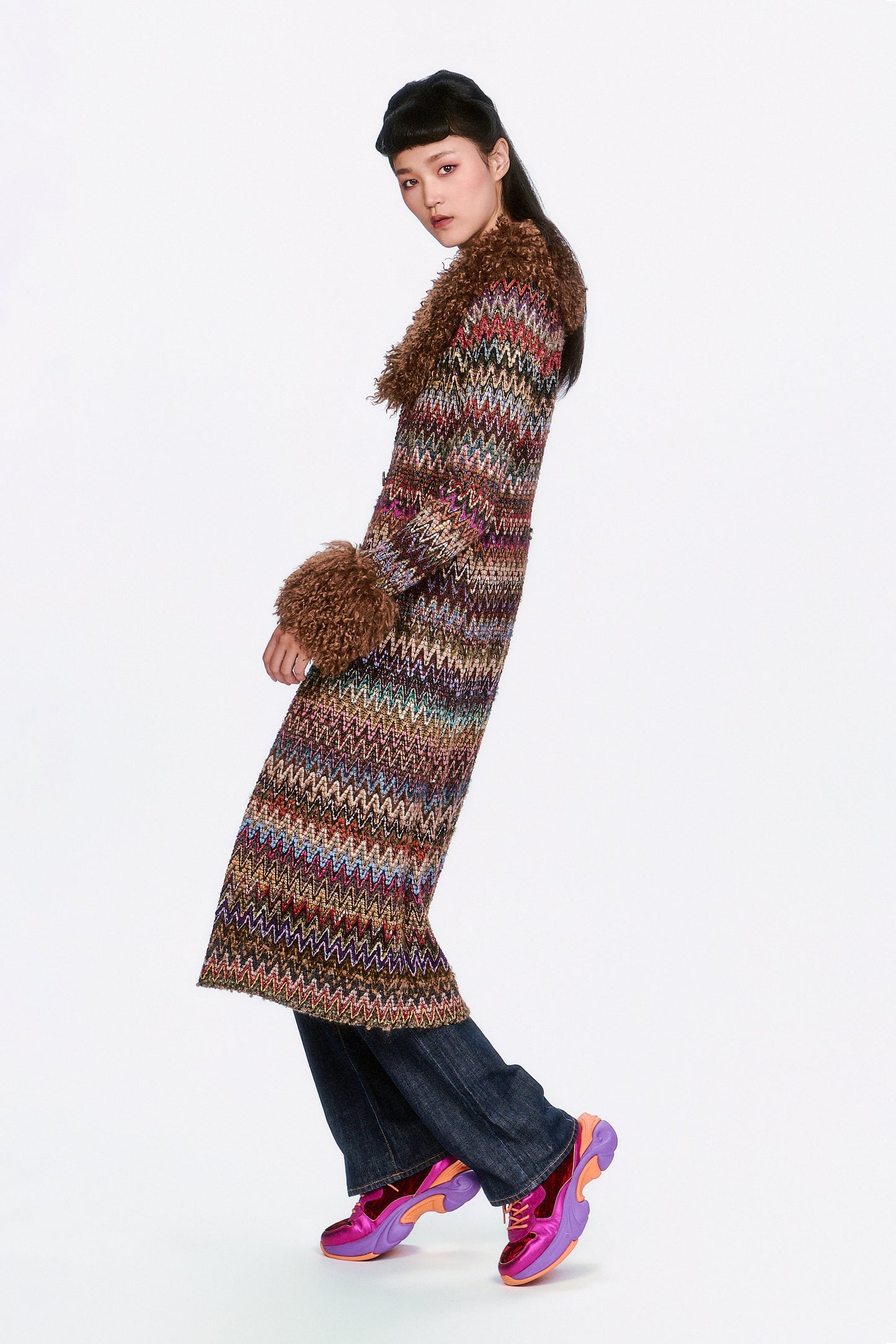 Bargello Multi Faux Fur Trim Coat