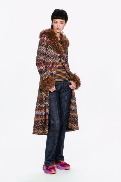 Bargello Multi Faux Fur Trim Coat