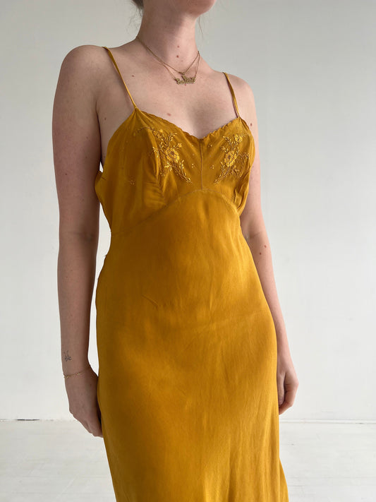 Vintage Mustard Yellow Silk Slip Dress