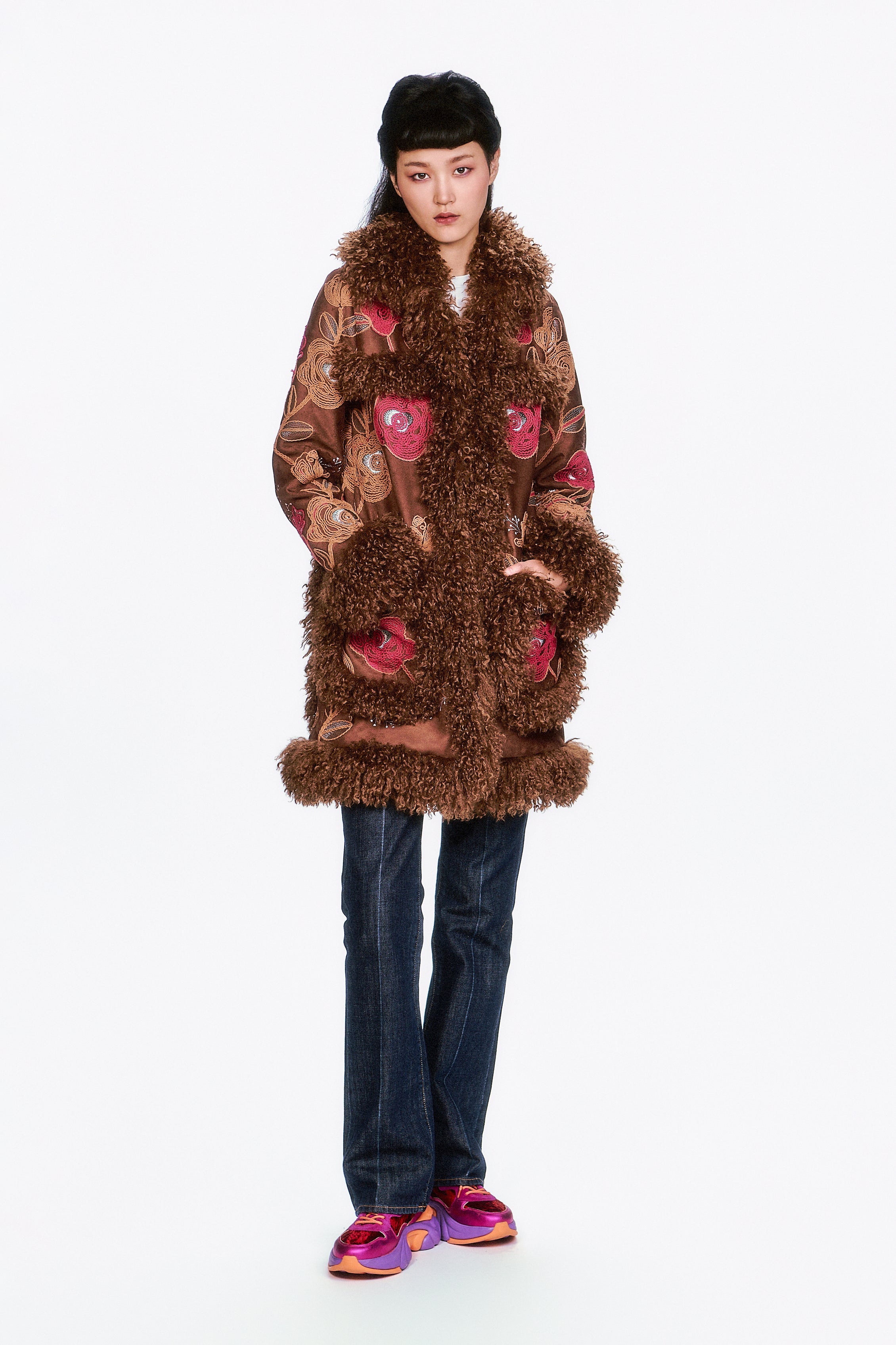 Poiret Rose Embroidered Faux Suede Faux Fur Trim Coat – Anna Sui