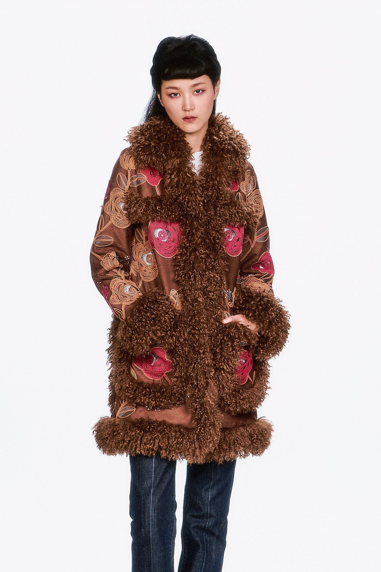 Poiret Rose Embroidered Faux Suede Faux Fur Trim Coat