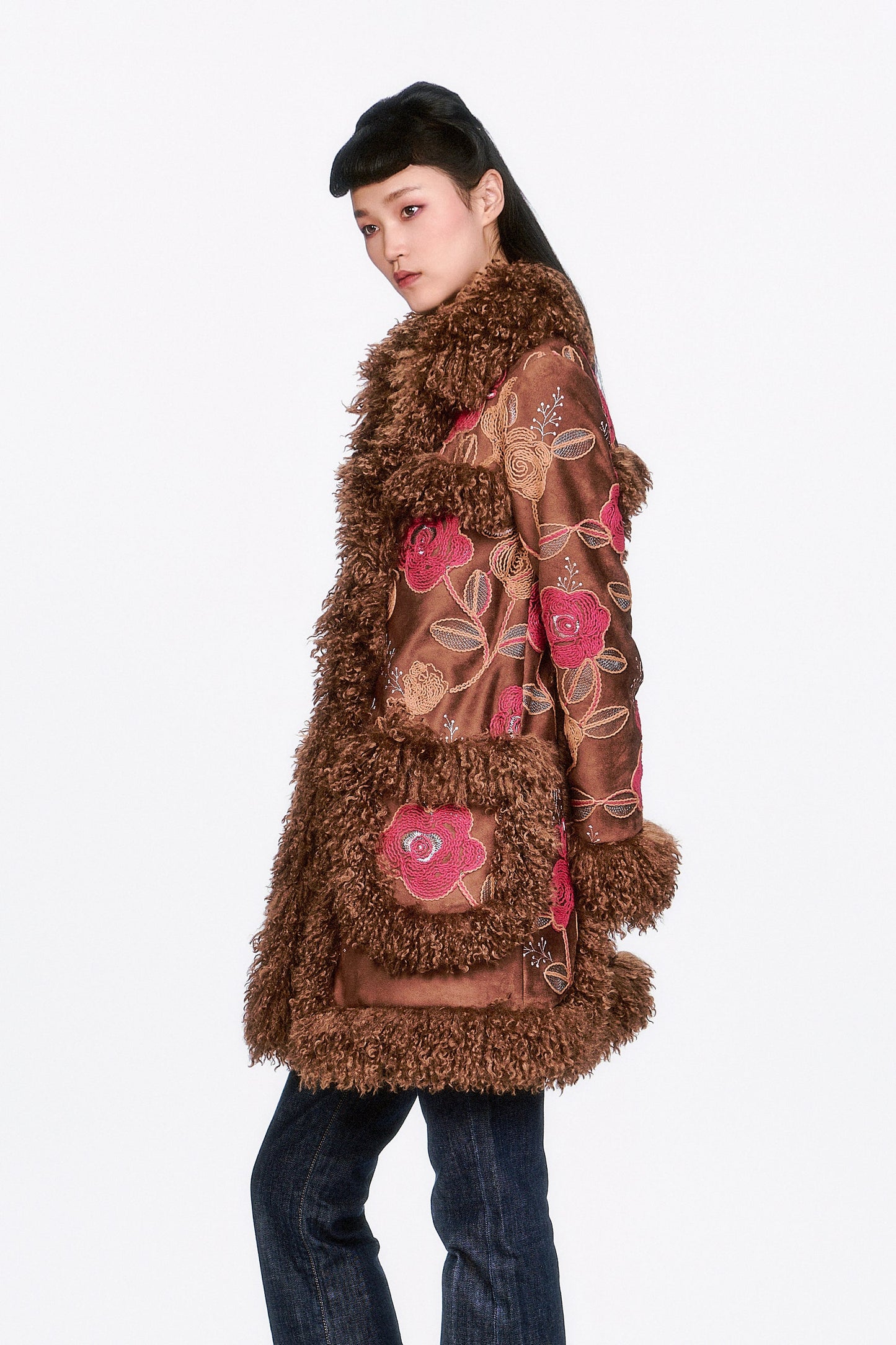 Poiret Rose Embroidered Faux Suede Faux Fur Trim Coat
