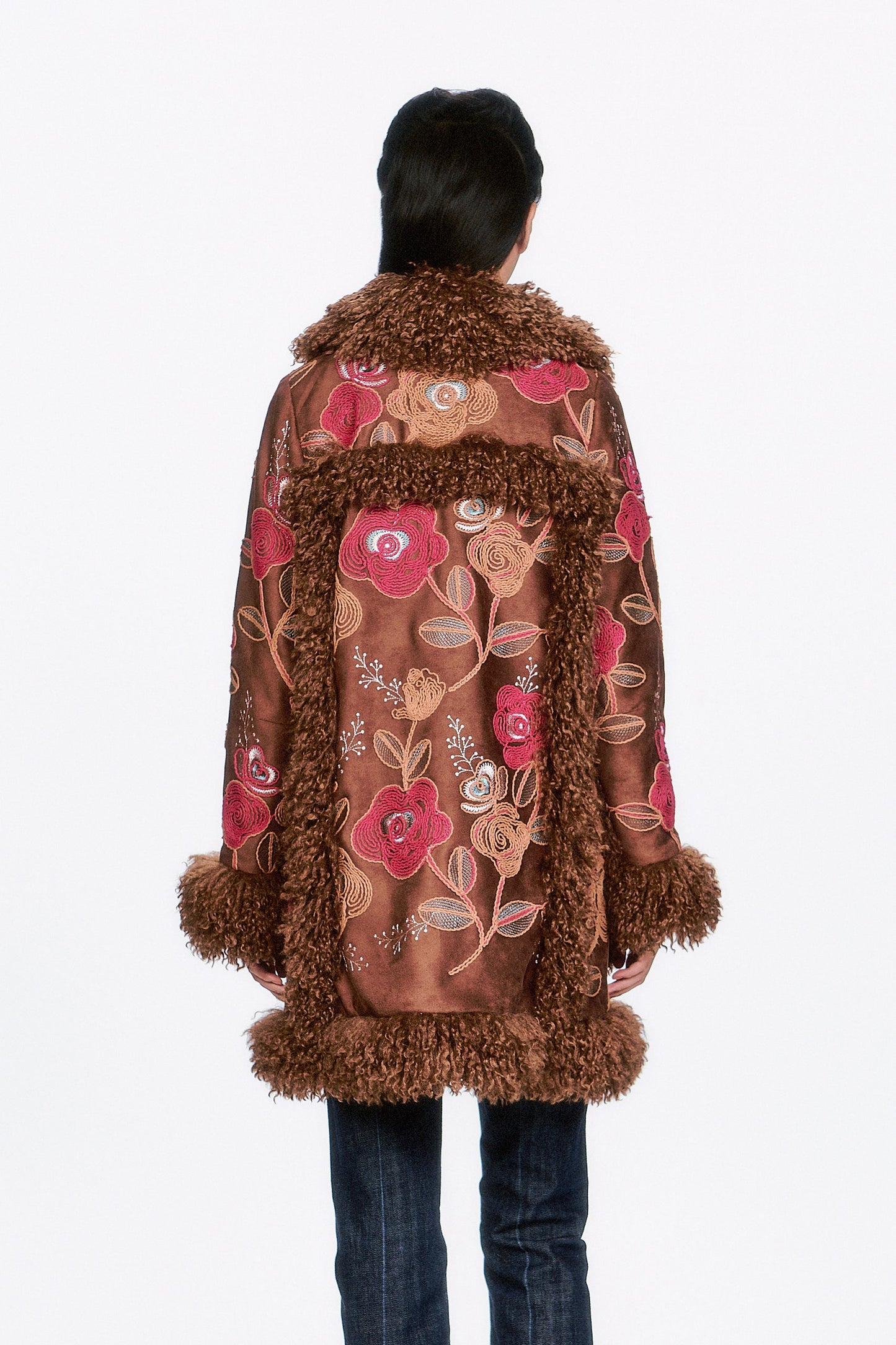 Poiret Rose Embroidered Faux Suede Faux Fur Trim Coat