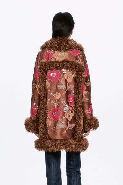 Poiret Rose Embroidered Faux Suede Faux Fur Trim Coat