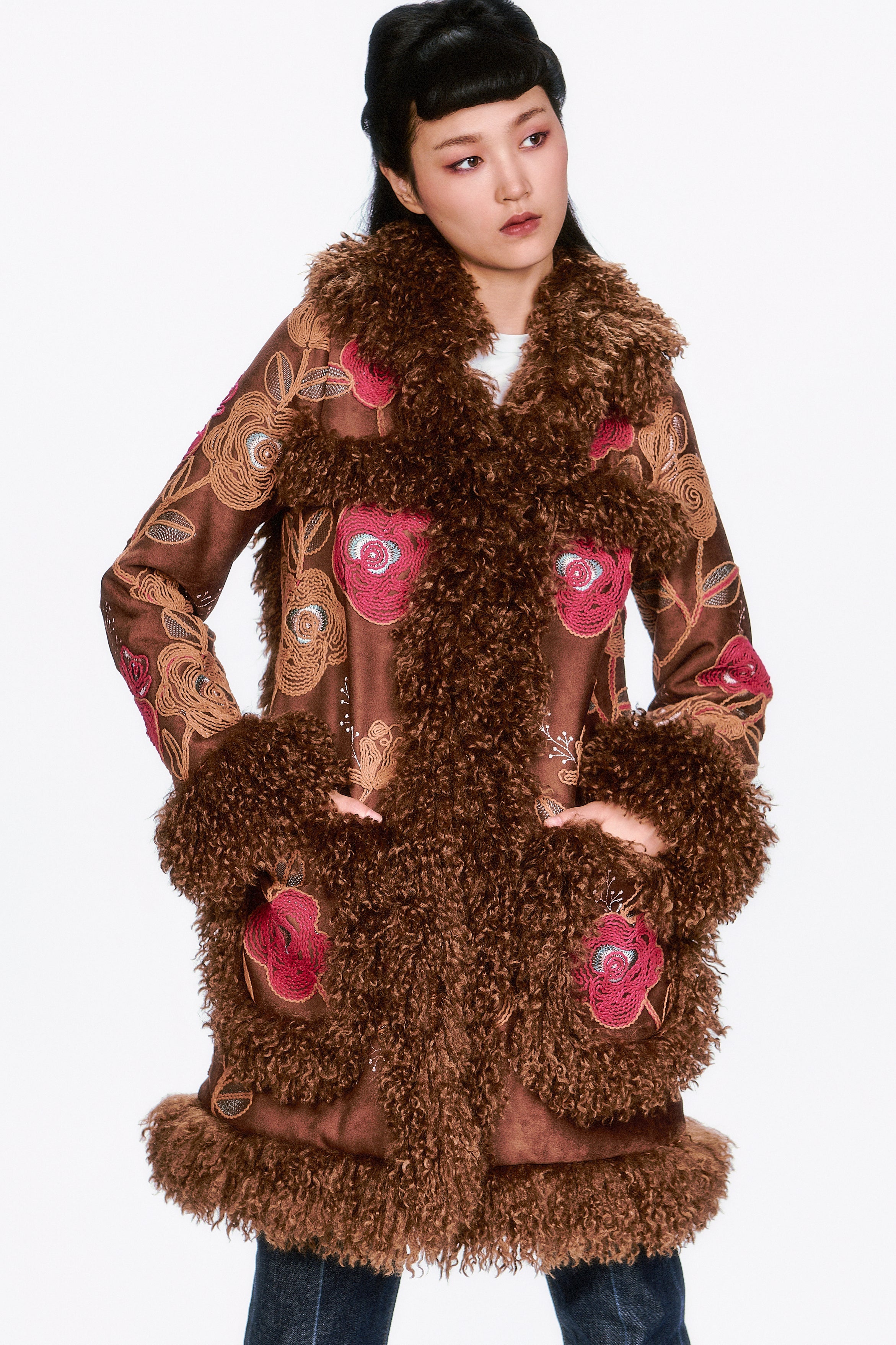 Poiret Rose Embroidered Faux Suede Faux Fur Trim Coat – Anna Sui