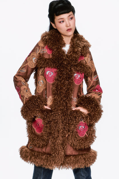 Poiret Rose Embroidered Faux Suede Faux Fur Trim Coat