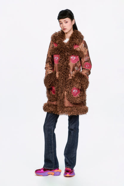 Poiret Rose Embroidered Faux Suede Faux Fur Trim Coat