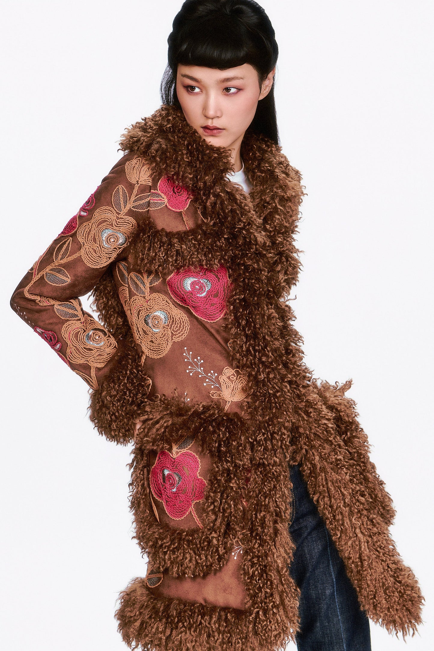 Poiret Rose Embroidered Faux Suede Faux Fur Trim Coat
