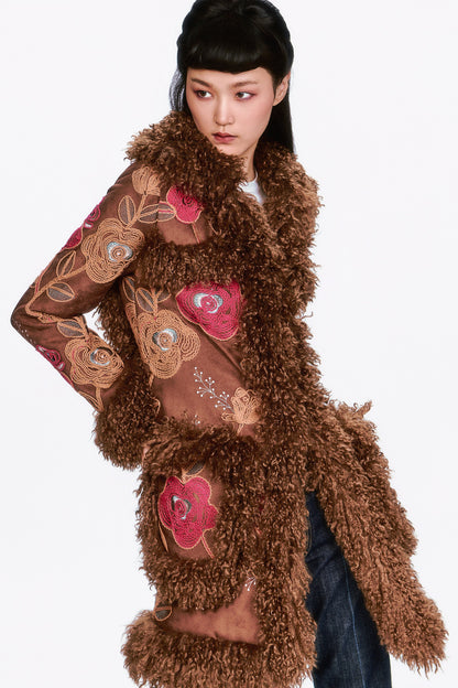 Poiret Rose Embroidered Faux Suede Faux Fur Trim Coat
