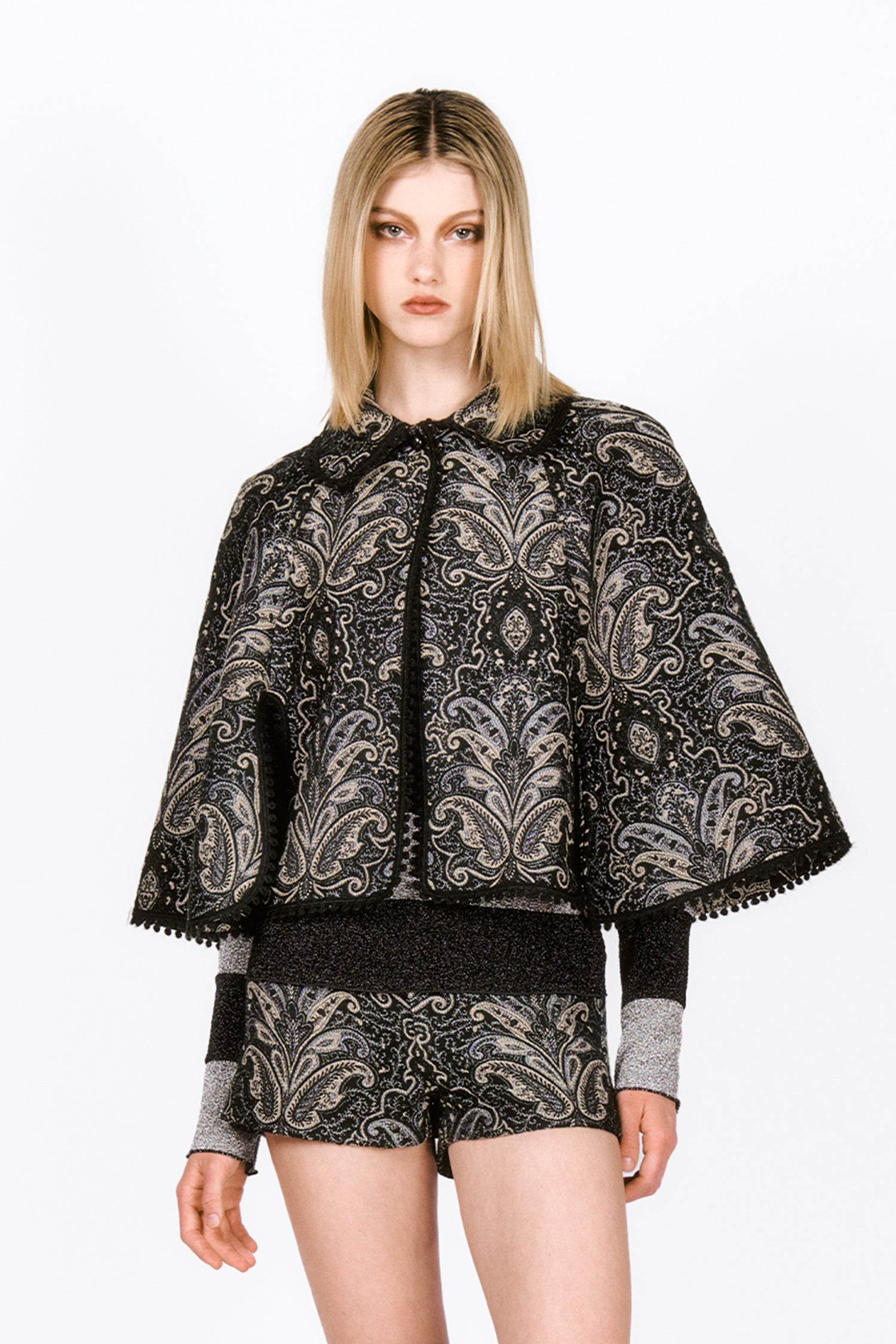 Tapestry Cape Black & Gray floral, waistline long, close with black button, hems with black lace