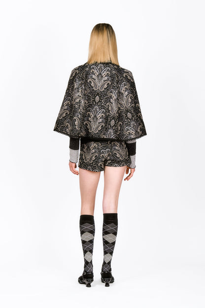 Tapestry Mini Shorts, Black & Gray Floral Design, Complete the Tapestry Cape Look