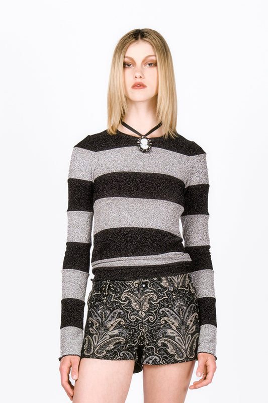 Glitter Knit Long Sleeve Striped Top- Black