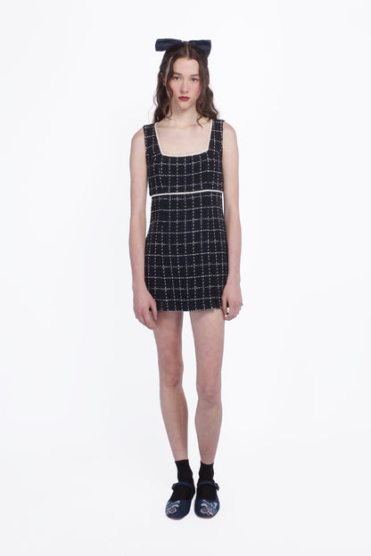 Windowpane Tweed Square Neck Mini Dress