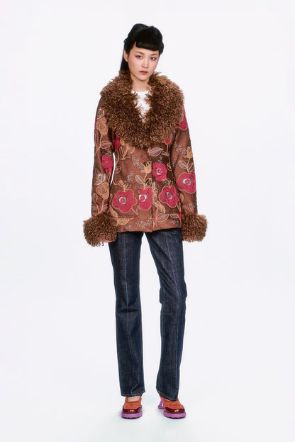 Poiret Rose Embroidered Faux Suede Faux Fur Trim Jacket