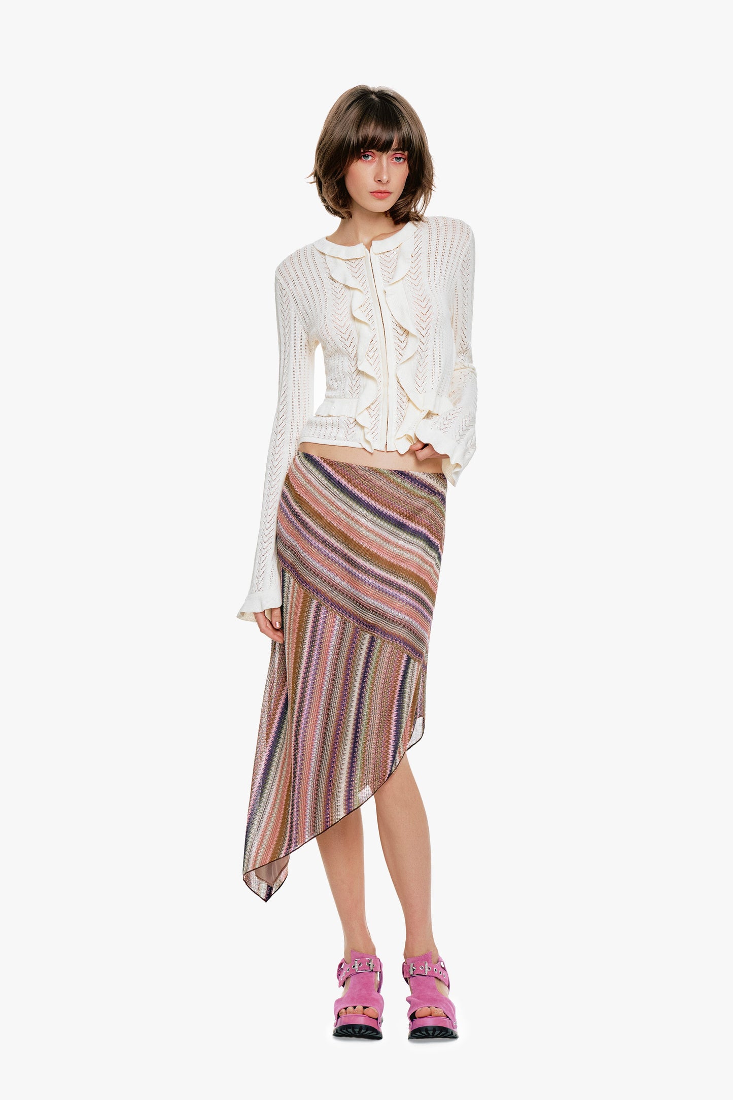 Wavy Chevron Knit Asymmetrical Stripe Skirt