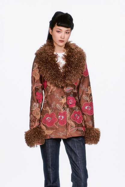 Poiret Rose Embroidered Faux Suede Faux Fur Trim Jacket