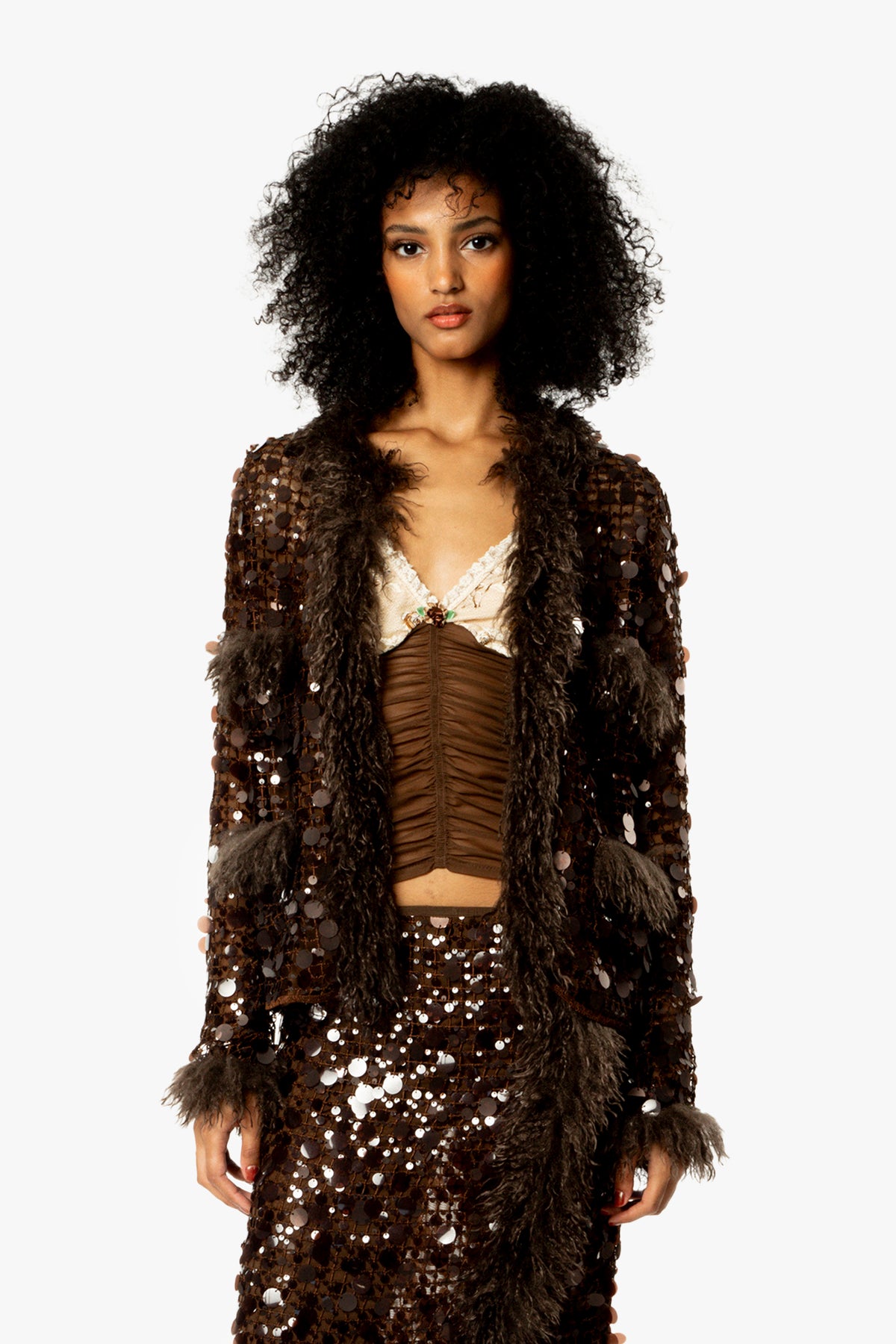 Paillettes Faux Fur Trimmed Jacket
