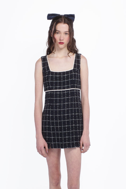 Windowpane Tweed Square Neck Mini Dress