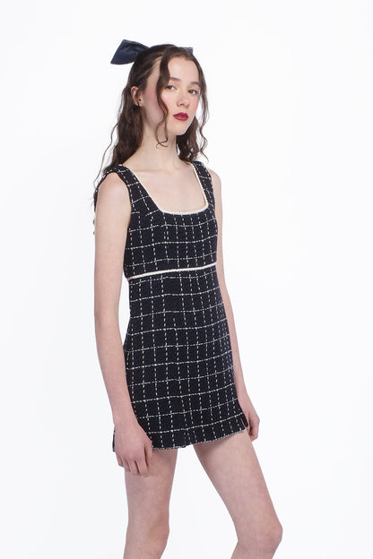 Windowpane Tweed Square Neck Mini Dress