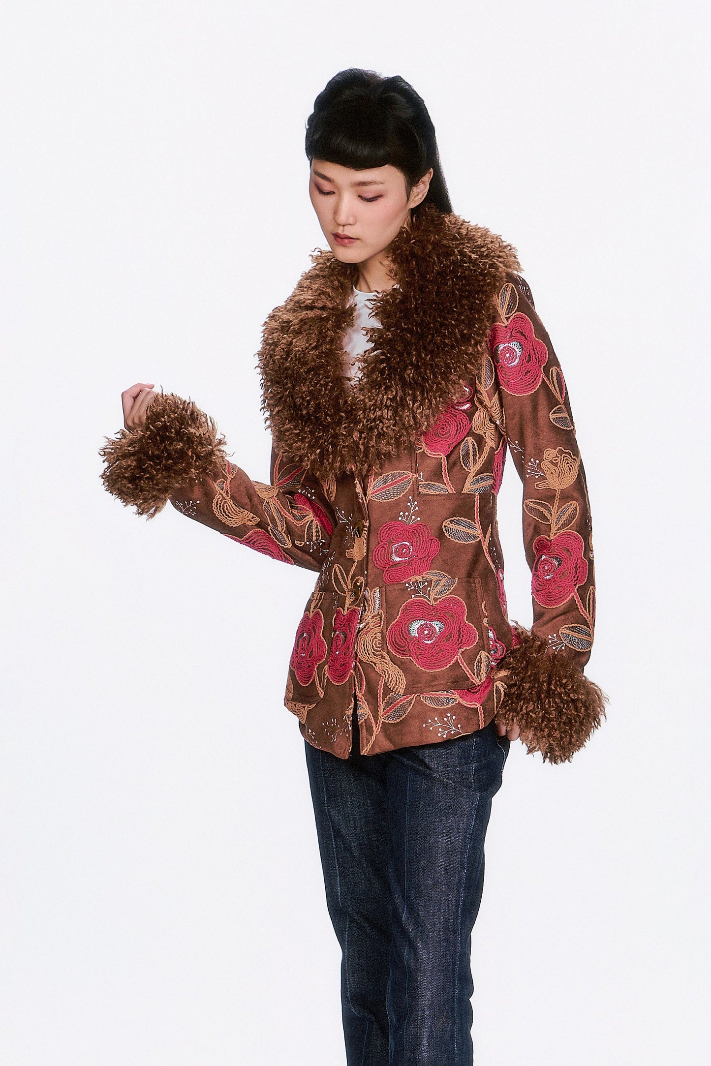 Poiret Rose Embroidered Faux Suede Faux Fur Trim Jacket
