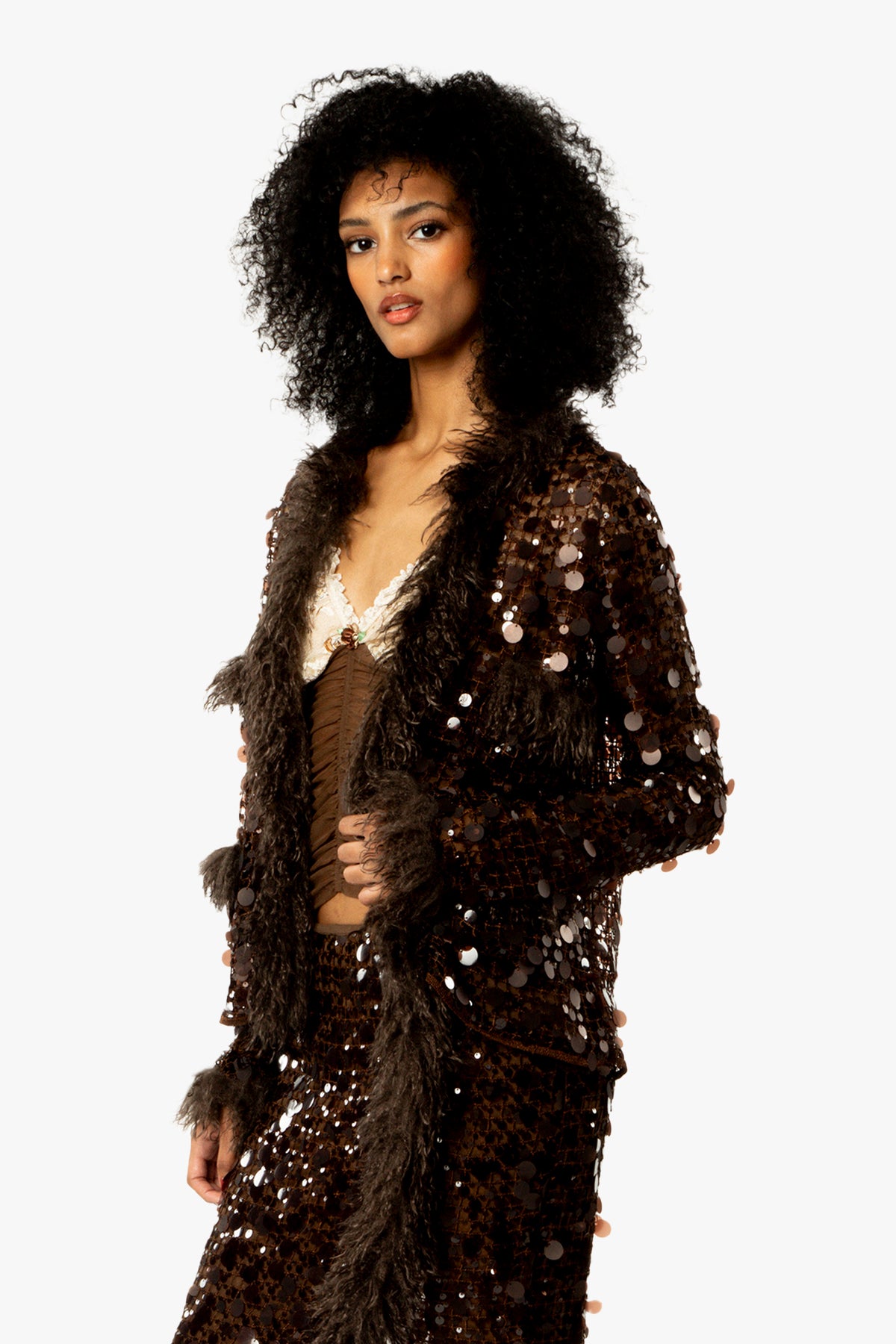 Paillettes Faux Fur Trimmed Jacket