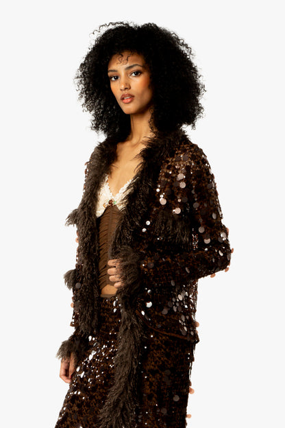 Paillettes Faux Fur Trimmed Jacket
