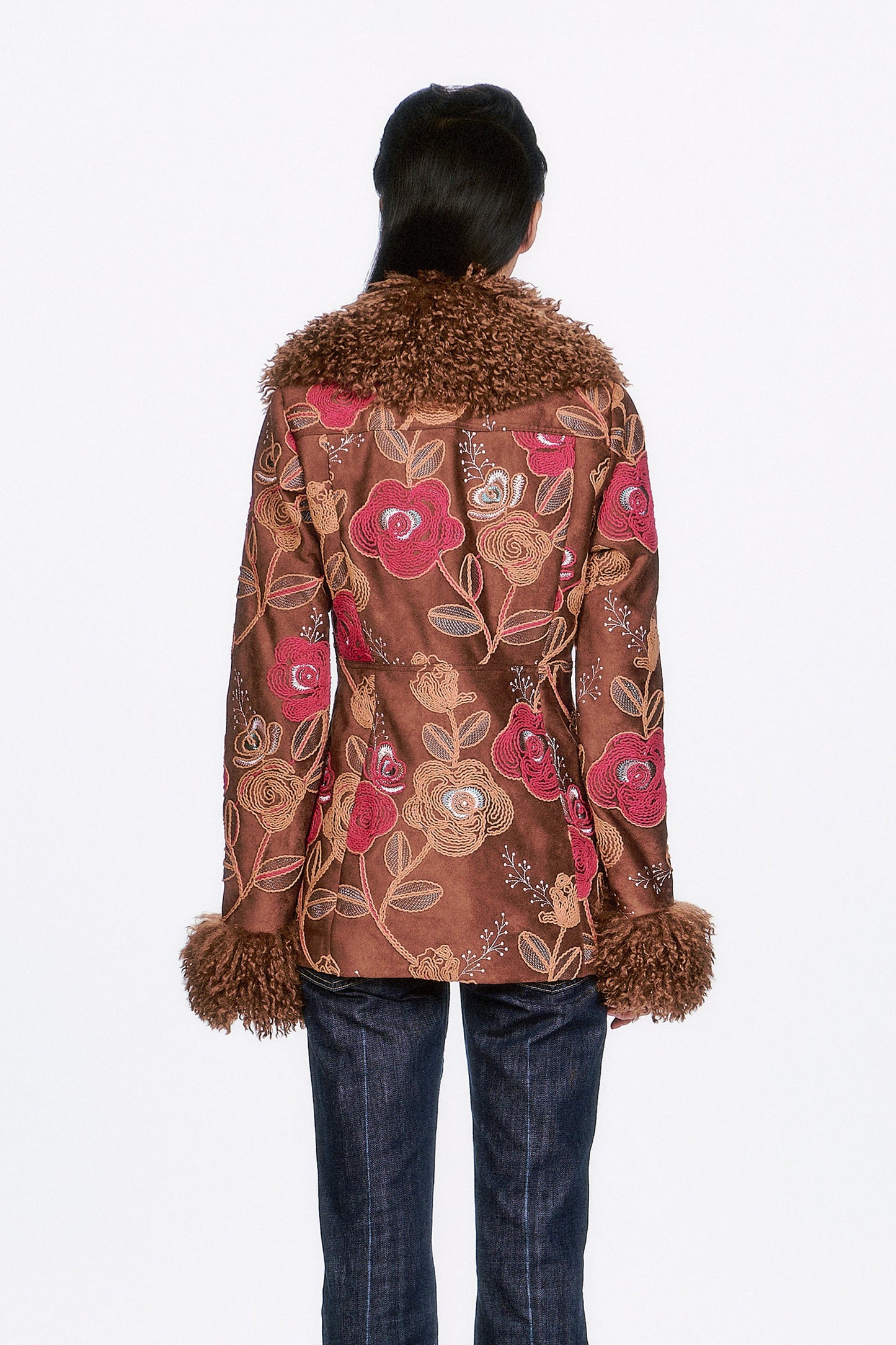 Poiret Rose Embroidered Faux Suede Faux Fur Trim Jacket