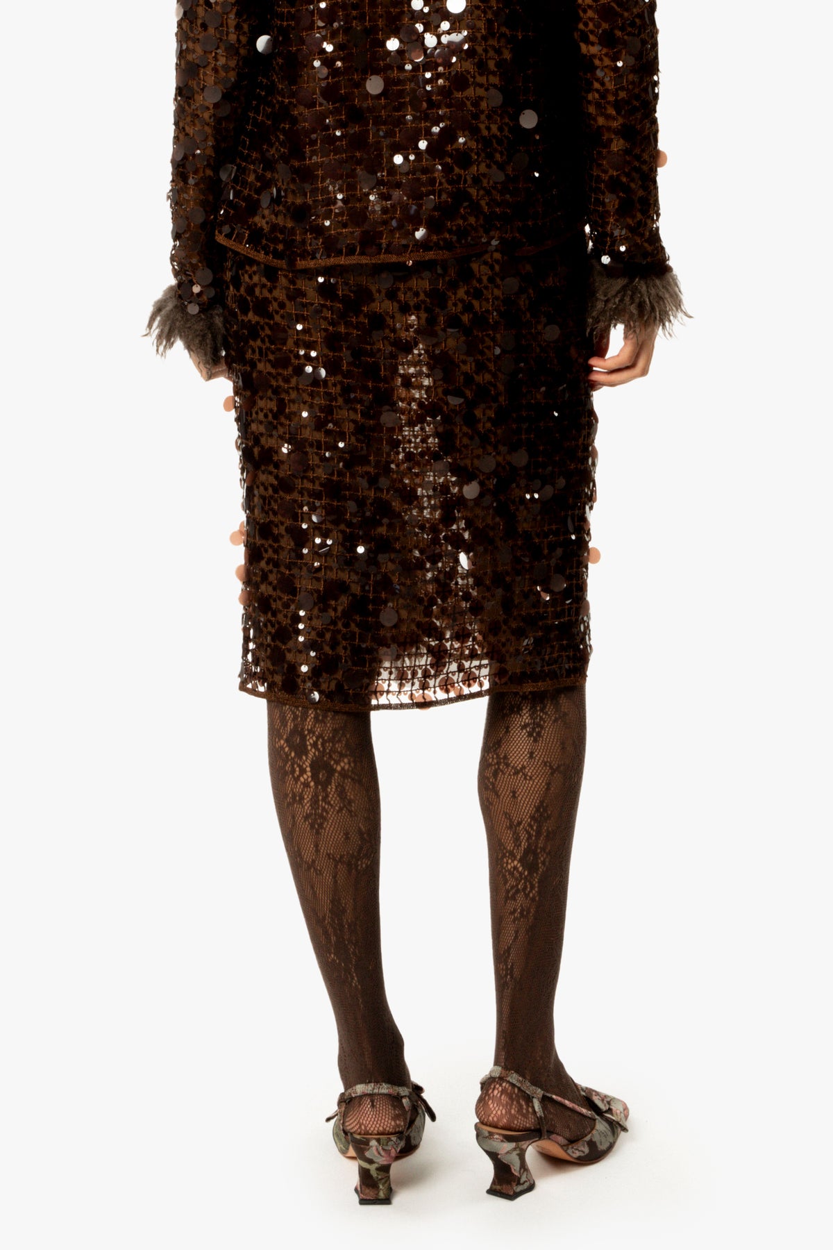 Paillettes Faux Fur Trimmed Skirt