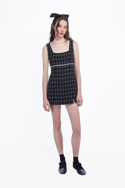 Windowpane Tweed Square Neck Mini Dress