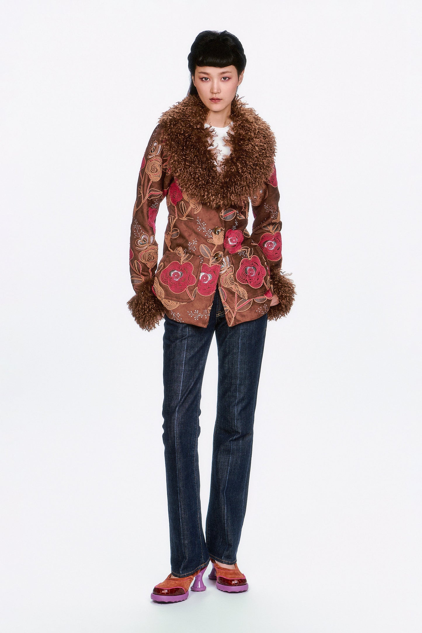 Poiret Rose Embroidered Faux Suede Faux Fur Trim Jacket