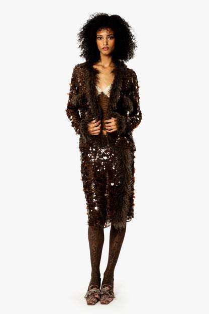 Paillettes Faux Fur Trimmed Skirt