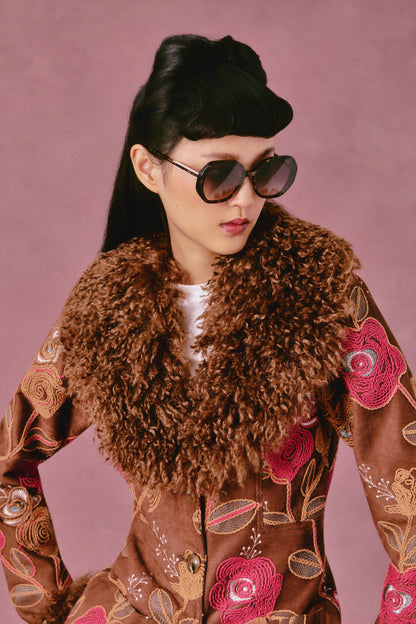 Poiret Rose Embroidered Faux Suede Faux Fur Trim Jacket