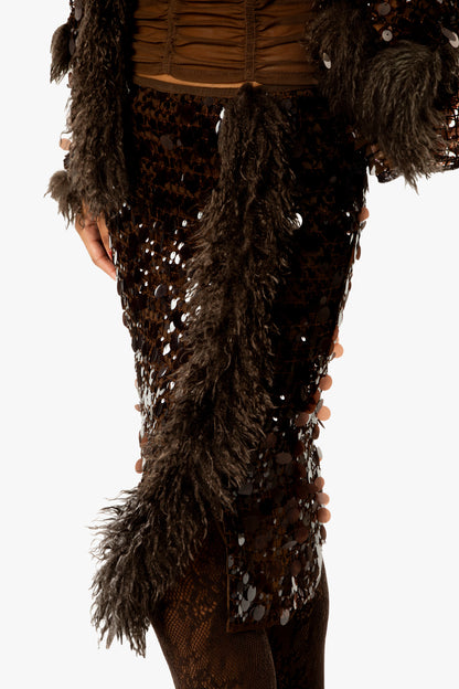 Paillettes Faux Fur Trimmed Skirt