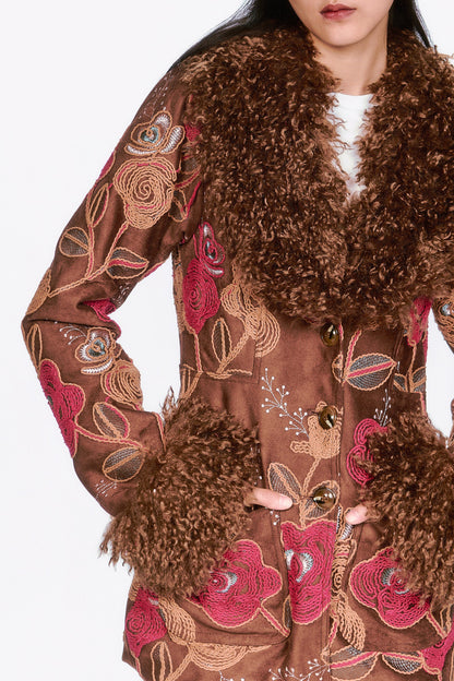 Poiret Rose Embroidered Faux Suede Faux Fur Trim Jacket
