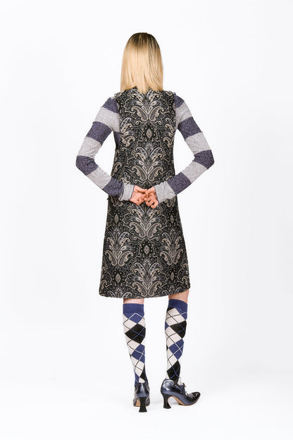 Tapestry Dress black & gray floral design, back of the dress features a simple, straight cut