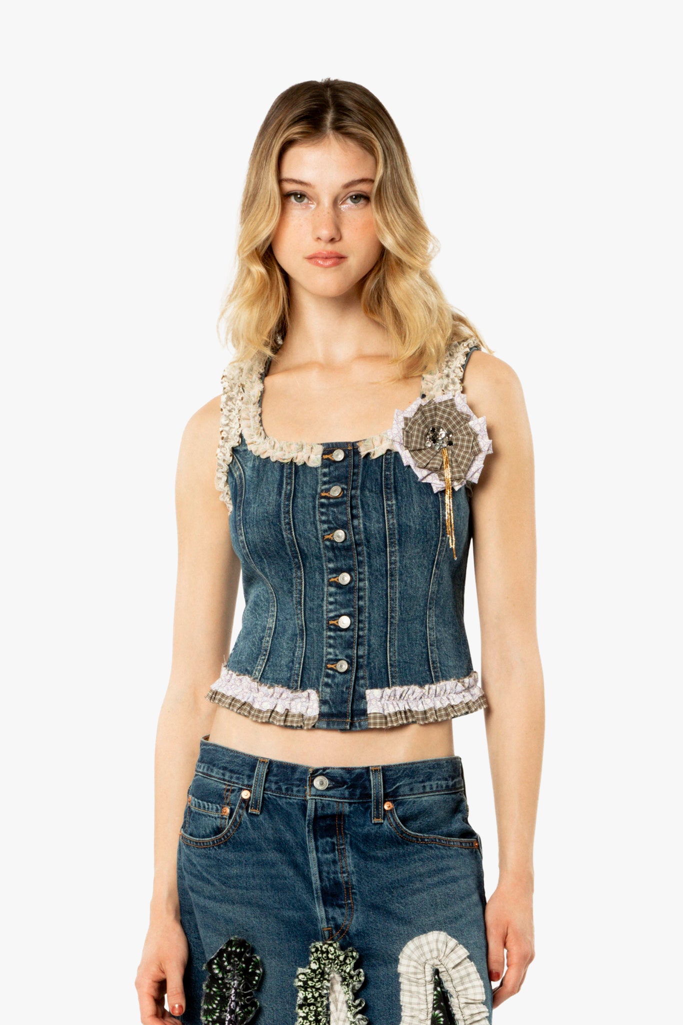 Anna Sui x Michelle Kim Appliqué Denim Corset Vest
