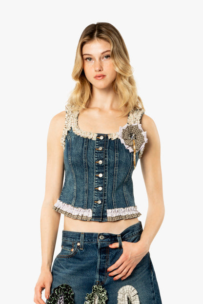 Anna Sui x Michelle Kim Applique Denim Corset Vest