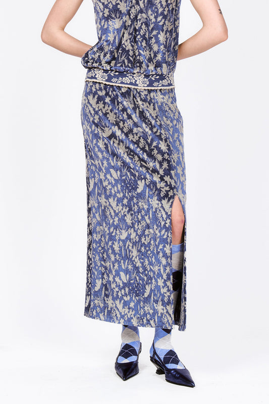 Off-white Floral Design on Bluebell Velour Maxi Skirt with Slit from above the left knee