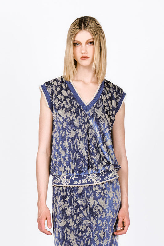 Bluebell Velour Vest, off-white floral, V-collar, sleeveless, blue hems with white lace at borders