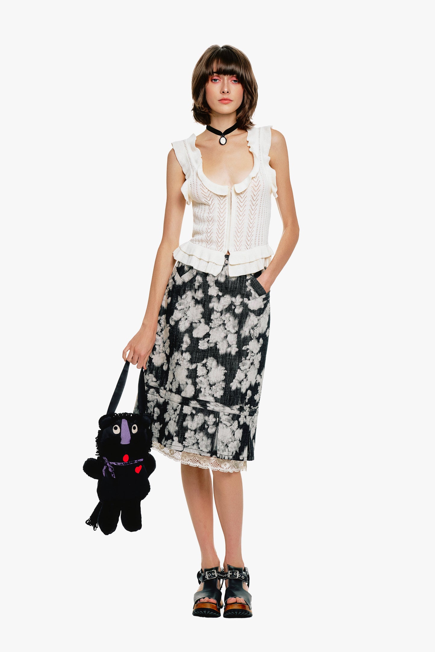 Rose Illusion Denim Lace Trimmed Skirt