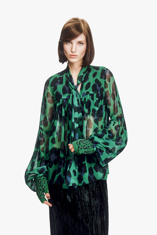 Jewel Jaguar Chiffon Tie Blouse