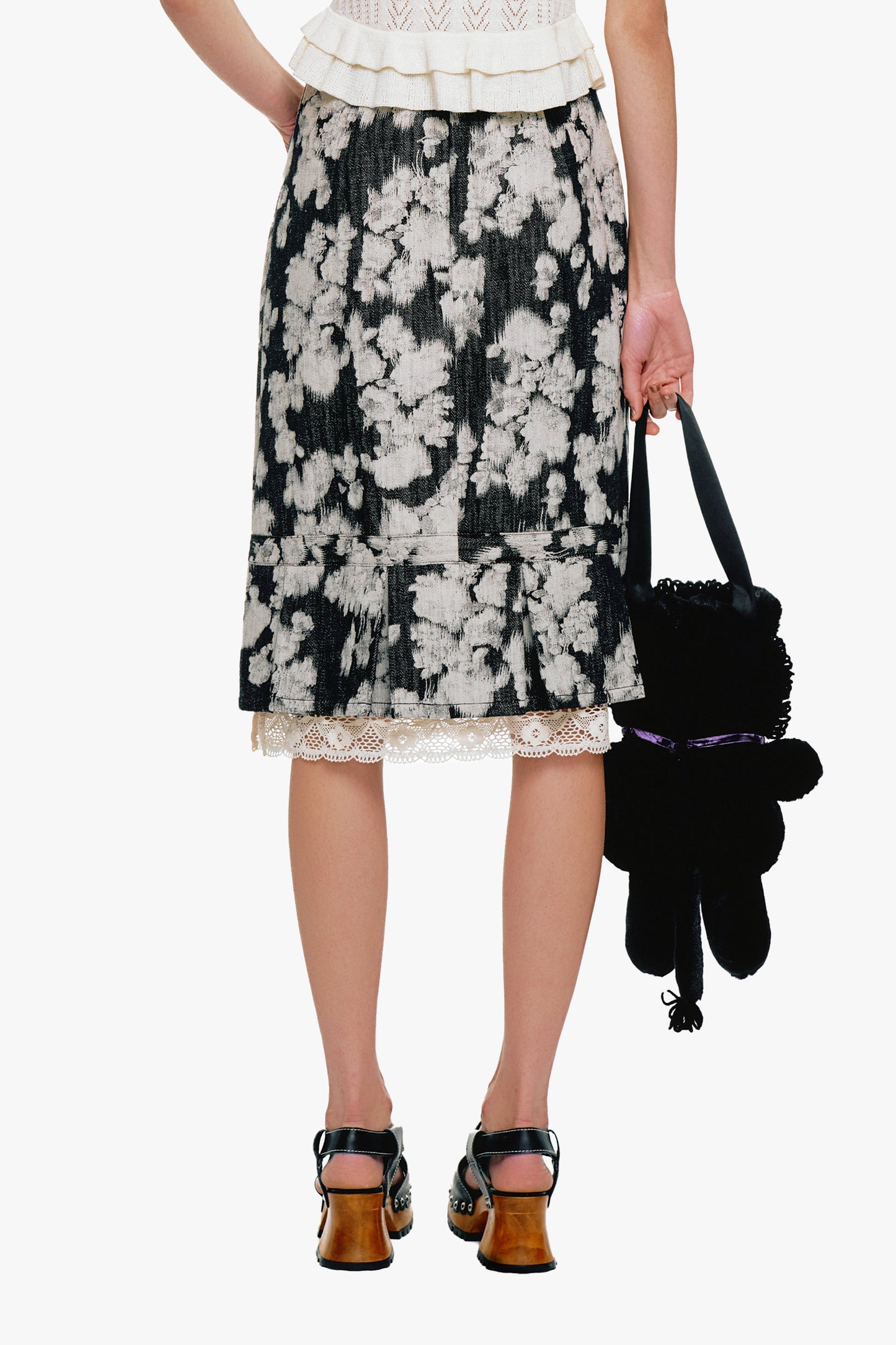 Rose Illusion Denim Lace Trimmed Skirt