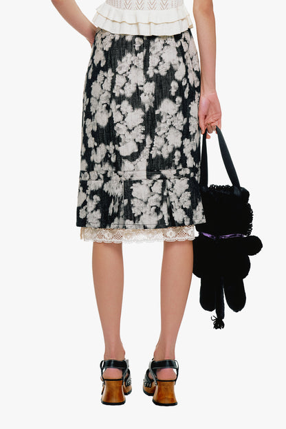 Rose Illusion Denim Lace Trimmed Skirt