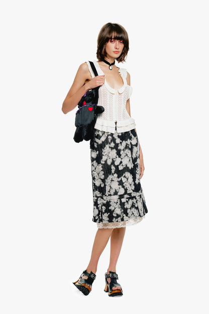 Rose Illusion Denim Lace Trimmed Skirt