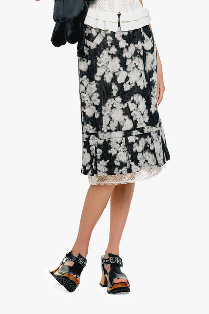 Rose Illusion Denim Lace Trimmed Skirt