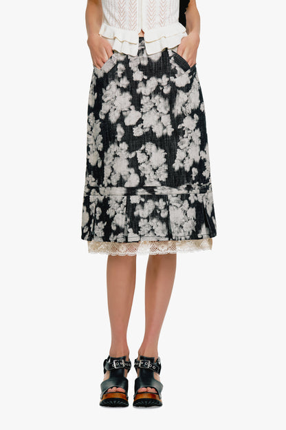 Rose Illusion Denim Lace Trimmed Skirt